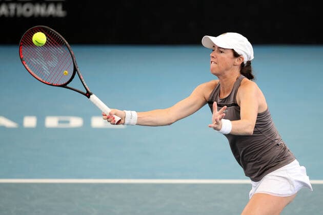 ADELAIDE, AUSTRALIA - FEBRUARY 25: Kaitlyn Christian and Sabrina Santamaria of United States plays a shot against Yingying Duan and Saisai Zheng of China during their doubles match on day four of the Adelaide International tennis tournament at Memorial Drive on February 25, 2021 in Adelaide, Australia. (Photo by Peter Mundy Speed Media Icon Sportswire) TENNIS: FEB 25 - Adelaide International Icon210225181