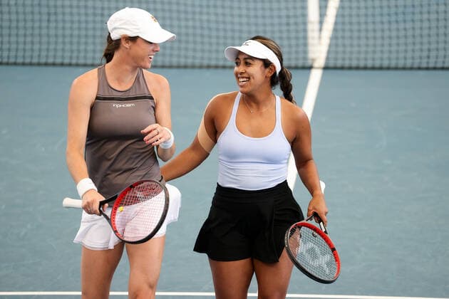 ADELAIDE, AUSTRALIA - FEBRUARY 25: Kaitlyn Christian and Sabrina Santamaria of United States talking during their game against Yingying Duan and Saisai Zheng of China during their doubles match on day four of the Adelaide International tennis tournament at Memorial Drive on February 25, 2021 in Adelaide, Australia. (Photo by Peter Mundy Speed Media Icon Sportswire) TENNIS: FEB 25 - Adelaide International Icon210225191