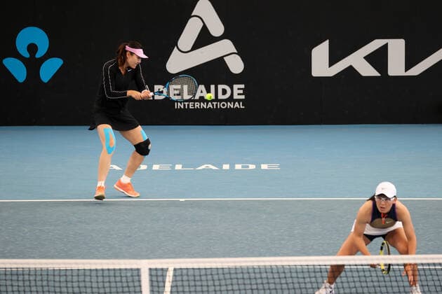 ADELAIDE, AUSTRALIA - FEBRUARY 25: Yingying Duan and Saisai Zheng of China plays a shot against Kaitlyn Christian and Sabrina Santamaria of United States during their doubles match on day four of the Adelaide International tennis tournament at Memorial Drive on February 25, 2021 in Adelaide, Australia. (Photo by Peter Mundy Speed Media Icon Sportswire) TENNIS: FEB 25 - Adelaide International Icon210225193