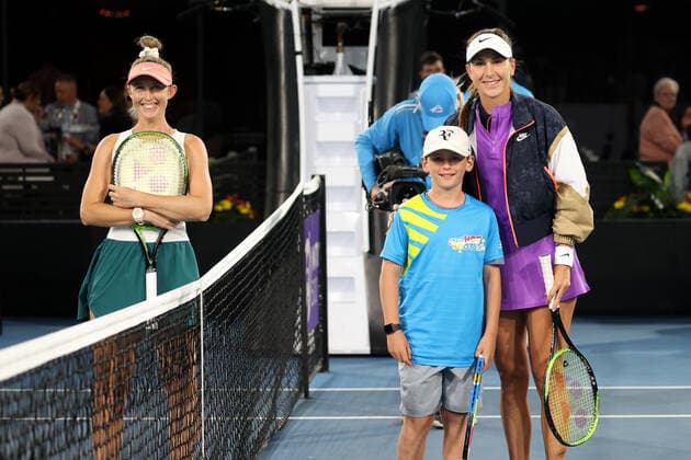ADELAIDE, AUSTRALIA - FEBRUARY 25: Storm Sanders of Australia and Belinda Bencic of Switzerland before their singles match on day four of the Adelaide International tennis tournament at Memorial Drive on February 25, 2021 in Adelaide, Australia. (Photo by Peter Mundy Speed Media Icon Sportswire) TENNIS: FEB 25 - Adelaide International Icon210225247