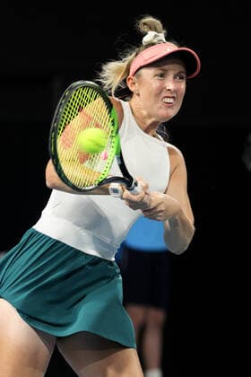 ADELAIDE, AUSTRALIA - FEBRUARY 25: Storm Sanders of Australia plays a shot against Belinda Bencic of Switzerland during their singles match on day four of the Adelaide International tennis tournament at Memorial Drive on February 25, 2021 in Adelaide, Australia. (Photo by Peter Mundy Speed Media Icon Sportswire) TENNIS: FEB 25 - Adelaide International Icon210225252