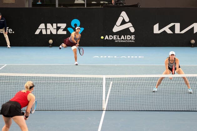 ADELAIDE, AUSTRALIA - FEBRUARY 26: Kaitlyn Christian and Sabrina Santamaria of United States plays a shot against Alexa Guarachi of Chile and Desirae Krawczyk of United States during their doubles match on day five of the Adelaide International tennis tournament at Memorial Drive on February 26, 2021 in Adelaide, Australia. (Photo by Peter Mundy Speed Media Icon Sportswire) TENNIS: FEB 26 - Adelaide International Icon210226006