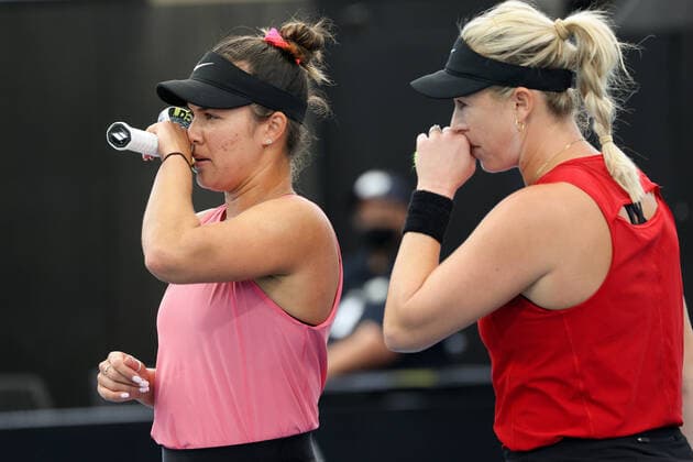ADELAIDE, AUSTRALIA - FEBRUARY 26: Alexa Guarachi of Chile and Desirae Krawczyk of United States during their match against Kaitlyn Christian and Sabrina Santamaria of United States during their doubles match on day five of the Adelaide International tennis tournament at Memorial Drive on February 26, 2021 in Adelaide, Australia. (Photo by Peter Mundy Speed Media Icon Sportswire) TENNIS: FEB 26 - Adelaide International Icon210226024