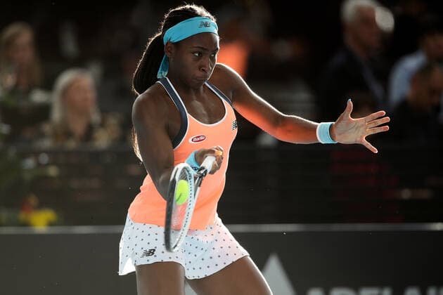 ADELAIDE, AUSTRALIA - FEBRUARY 26: Coco Gauff of United States plays a shot against Belinda Bencic of Switzerland during their singles match on day five of the Adelaide International tennis tournament at Memorial Drive on February 26, 2021 in Adelaide, Australia. (Photo by Peter Mundy Speed Media Icon Sportswire) TENNIS: FEB 26 - Adelaide International Icon210226116