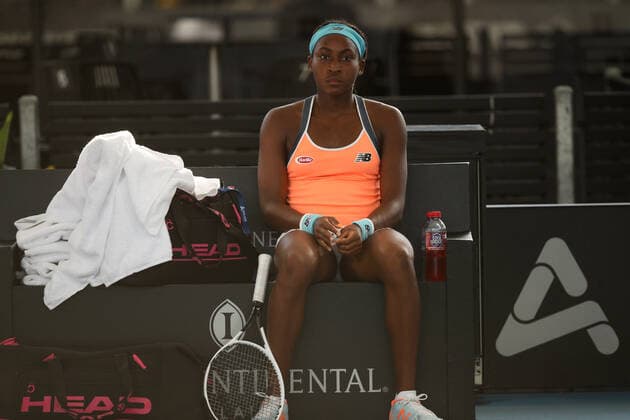 ADELAIDE, AUSTRALIA - FEBRUARY 26: Coco Gauff of United States plays a shot against Belinda Bencic of Switzerland during their singles match on day five of the Adelaide International tennis tournament at Memorial Drive on February 26, 2021 in Adelaide, Australia. (Photo by Peter Mundy Speed Media Icon Sportswire) TENNIS: FEB 26 - Adelaide International Icon210226123