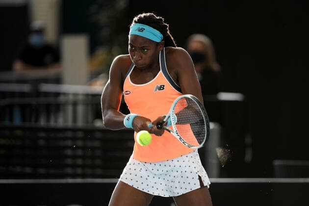 ADELAIDE, AUSTRALIA - FEBRUARY 26: Coco Gauff of United States plays a shot against Belinda Bencic of Switzerland during their singles match on day five of the Adelaide International tennis tournament at Memorial Drive on February 26, 2021 in Adelaide, Australia. (Photo by Peter Mundy Speed Media Icon Sportswire) TENNIS: FEB 26 - Adelaide International Icon210226124