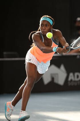 ADELAIDE, AUSTRALIA - FEBRUARY 26: Coco Gauff of United States plays a shot against Belinda Bencic of Switzerland during their singles match on day five of the Adelaide International tennis tournament at Memorial Drive on February 26, 2021 in Adelaide, Australia. (Photo by Peter Mundy Speed Media Icon Sportswire) TENNIS: FEB 26 - Adelaide International Icon210226125