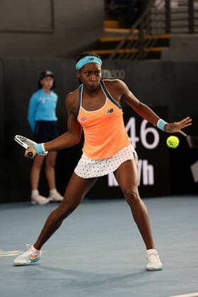 ADELAIDE, AUSTRALIA - FEBRUARY 26: Coco Gauff of United States plays a shot against Belinda Bencic of Switzerland during their singles match on day five of the Adelaide International tennis tournament at Memorial Drive on February 26, 2021 in Adelaide, Australia. (Photo by Peter Mundy Speed Media Icon Sportswire) TENNIS: FEB 26 - Adelaide International Icon210226157