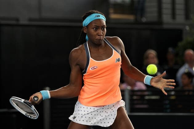 ADELAIDE, AUSTRALIA - FEBRUARY 26: Coco Gauff of United States plays a shot against Belinda Bencic of Switzerland during their singles match on day five of the Adelaide International tennis tournament at Memorial Drive on February 26, 2021 in Adelaide, Australia. (Photo by Peter Mundy Speed Media Icon Sportswire) TENNIS: FEB 26 - Adelaide International Icon210226162