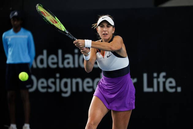 ADELAIDE, AUSTRALIA - FEBRUARY 26: Belinda Bencic of Switzerland plays a shot against Coco Gauff of United States during their singles match on day five of the Adelaide International tennis tournament at Memorial Drive on February 26, 2021 in Adelaide, Australia. (Photo by Peter Mundy Speed Media Icon Sportswire) TENNIS: FEB 26 - Adelaide International Icon210226167