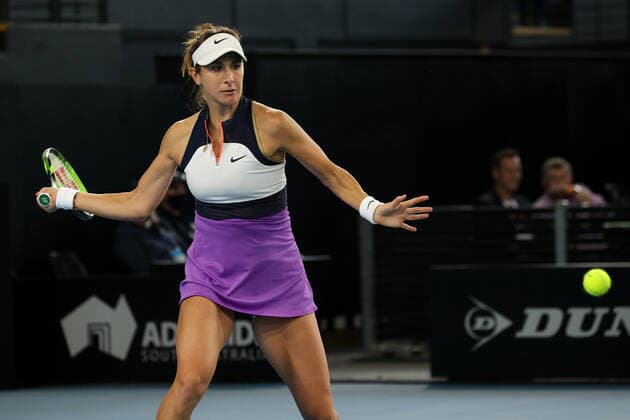 ADELAIDE, AUSTRALIA - FEBRUARY 26: Belinda Bencic of Switzerland plays a shot against Coco Gauff of United States during their singles match on day five of the Adelaide International tennis tournament at Memorial Drive on February 26, 2021 in Adelaide, Australia. (Photo by Peter Mundy Speed Media Icon Sportswire) TENNIS: FEB 26 - Adelaide International Icon210226172