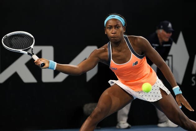 ADELAIDE, AUSTRALIA - FEBRUARY 26: Coco Gauff of United States plays a shot against Belinda Bencic of Switzerland during their singles match on day five of the Adelaide International tennis tournament at Memorial Drive on February 26, 2021 in Adelaide, Australia. (Photo by Peter Mundy Speed Media Icon Sportswire) TENNIS: FEB 26 - Adelaide International Icon210226183