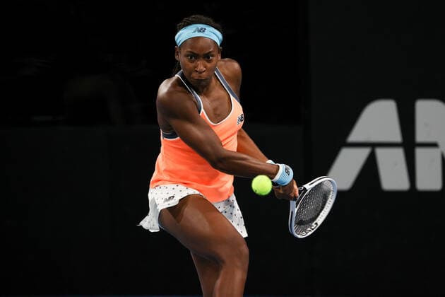 ADELAIDE, AUSTRALIA - FEBRUARY 26: Coco Gauff of United States plays a shot against Belinda Bencic of Switzerland during their singles match on day five of the Adelaide International tennis tournament at Memorial Drive on February 26, 2021 in Adelaide, Australia. (Photo by Peter Mundy Speed Media Icon Sportswire) TENNIS: FEB 26 - Adelaide International Icon210226197