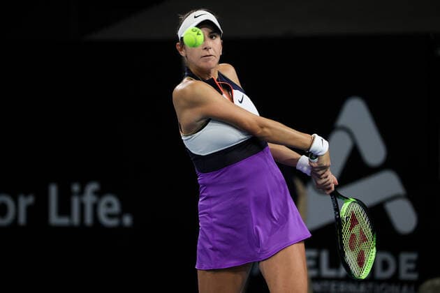 ADELAIDE, AUSTRALIA - FEBRUARY 26: Belinda Bencic of Switzerland plays a shot against Coco Gauff of United States during their singles match on day five of the Adelaide International tennis tournament at Memorial Drive on February 26, 2021 in Adelaide, Australia. (Photo by Peter Mundy Speed Media Icon Sportswire) TENNIS: FEB 26 - Adelaide International Icon210226206