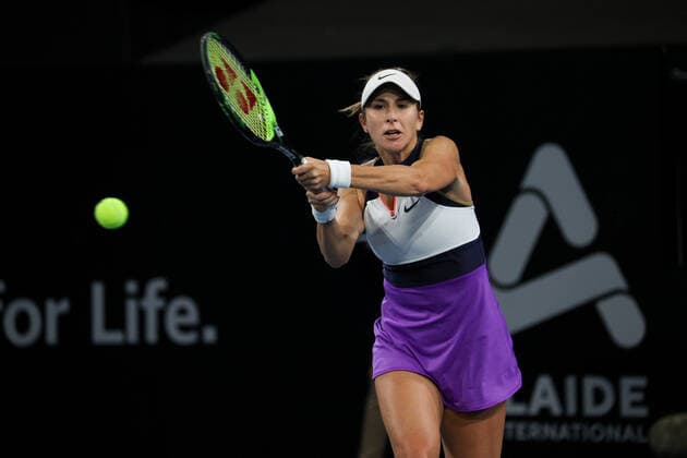 ADELAIDE, AUSTRALIA - FEBRUARY 26: Belinda Bencic of Switzerland plays a shot against Coco Gauff of United States during their singles match on day five of the Adelaide International tennis tournament at Memorial Drive on February 26, 2021 in Adelaide, Australia. (Photo by Peter Mundy Speed Media Icon Sportswire) TENNIS: FEB 26 - Adelaide International Icon210226208