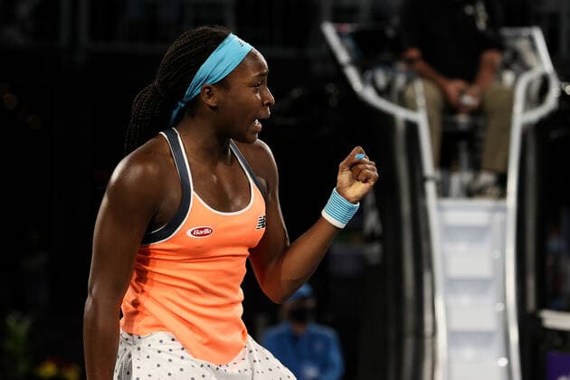 ADELAIDE, AUSTRALIA - FEBRUARY 26: Coco Gauff of United States reacts on a point against Belinda Bencic of Switzerland during their singles match on day five of the Adelaide International tennis tournament at Memorial Drive on February 26, 2021 in Adelaide, Australia. (Photo by Peter Mundy Speed Media Icon Sportswire) TENNIS: FEB 26 - Adelaide International Icon210226222
