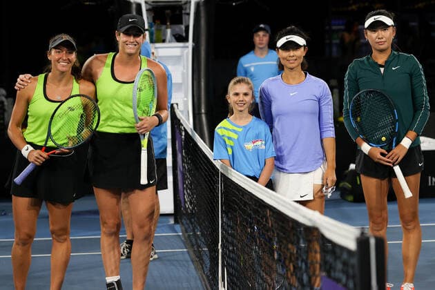 ADELAIDE, AUSTRALIA - FEBRUARY 26: Hayley Carter of United States and Luisa Stefani of Brazil and Y Xu and Z Yang of China before their doubles match on day five of the Adelaide International tennis tournament at Memorial Drive on February 26, 2021 in Adelaide, Australia. (Photo by Peter Mundy Speed Media Icon Sportswire) TENNIS: FEB 26 - Adelaide International Icon210226254