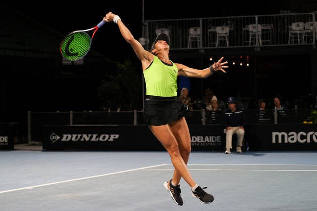 ADELAIDE, AUSTRALIA - FEBRUARY 26: Hayley Carter of United States and Luisa Stefani of Brazil plays a shot against Y Xu and Z Yang of China during their doubles match on day five of the Adelaide International tennis tournament at Memorial Drive on February 26, 2021 in Adelaide, Australia. (Photo by Peter Mundy Speed Media Icon Sportswire) TENNIS: FEB 26 - Adelaide International Icon210226255