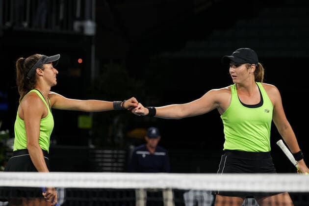 ADELAIDE, AUSTRALIA - FEBRUARY 26: Hayley Carter of United States and Luisa Stefani of Brazil plays a shot against Y Xu and Z Yang of China during their doubles match on day five of the Adelaide International tennis tournament at Memorial Drive on February 26, 2021 in Adelaide, Australia. (Photo by Peter Mundy Speed Media Icon Sportswire) TENNIS: FEB 26 - Adelaide International Icon210226260