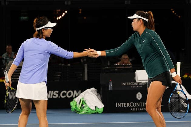 ADELAIDE, AUSTRALIA - FEBRUARY 26: Y Xu and Z Yang of China plays a shot against Hayley Carter of United States and Luisa Stefani of Brazil during their doubles match on day five of the Adelaide International tennis tournament at Memorial Drive on February 26, 2021 in Adelaide, Australia. (Photo by Peter Mundy Speed Media Icon Sportswire) TENNIS: FEB 26 - Adelaide International Icon210226262