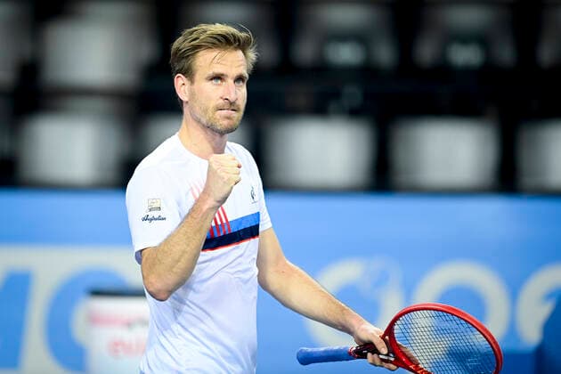 joie de Peter Gojowczyk (Ger) en fin de match TENNIS : Open Sud de France 2021 - Montpellier - 26 02 2021 JBAutissier Panoramic 