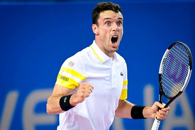 joie de Roberto Bautista Agut (Esp) en fin de match TENNIS : Open Sud de France 2021 - Montpellier - 26 02 2021 JBAutissier Panoramic 