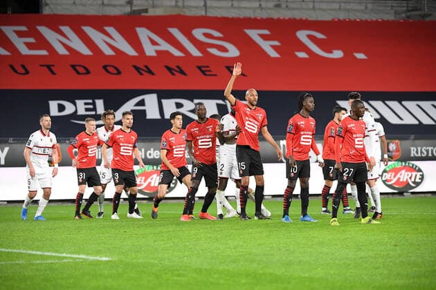 06 NAYEF AGUERD (REN) - 09 SERHOU GUIRASSY (REN) - 15 STEVEN NZONZI (REN) - 10 EDUARDO CAMAVINGA (REN) - 27 HAMARI TRAORE (REN) FOOTBALL : Rennes vs Nice - Ligue 1 Uber Eats - 26 02 2021 FEP Panoramic 