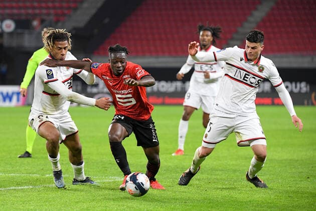 18 JEREMY DOKU (REN) - 05 FLAVIUS DANILIUC (NICE) FOOTBALL : Rennes vs Nice - Ligue 1 Uber Eats - 26 02 2021 FEP Panoramic 