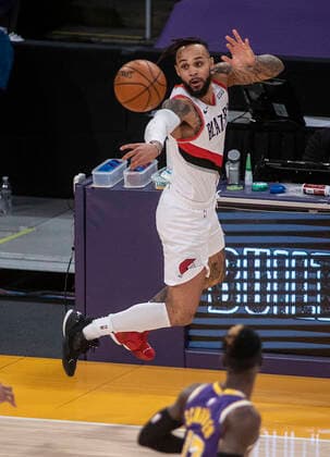 February 26, 2021, Los Angeles, California, USA: Gary Trent Jr. 2 of the Portland Trailblazers passes the ball during their regular season NBA, Basketball Herren, USA game with the Los Angeles Lakers on Friday February 26, 2021 at the Staples Center in Los Angeles, California. Lakers defeat Trailblazers, 102-93. PI Los Angeles USA - ZUMAp124 20210226_zaa_p124_015 Copyright: xJAVIERxROJASx