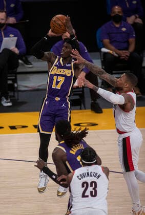 February 26, 2021, Los Angeles, California, USA: Dennis Schroder 17 of the Los Angeles Lakers puts up a shot during their regular season NBA, Basketball Herren, USA game with the Portland Trailblazers on Friday February 26, 2021 at the Staples Center in Los Angeles, California. Lakers defeat Trailblazers, 102-93. PI Los Angeles USA - ZUMAp124 20210226_zaa_p124_030 Copyright: xJAVIERxROJASx
