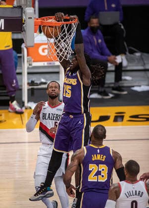 February 26, 2021, Los Angeles, California, USA: Montrezl Harrell 15 of the Los Angeles Lakers dunks the ball during their regular season NBA, Basketball Herren, USA game with the Portland Trailblazers on Friday February 26, 2021 at the Staples Center in Los Angeles, California. Lakers defeat Trailblazers, 102-93. PI Los Angeles USA - ZUMAp124 20210226_zaa_p124_036 Copyright: xJAVIERxROJASx