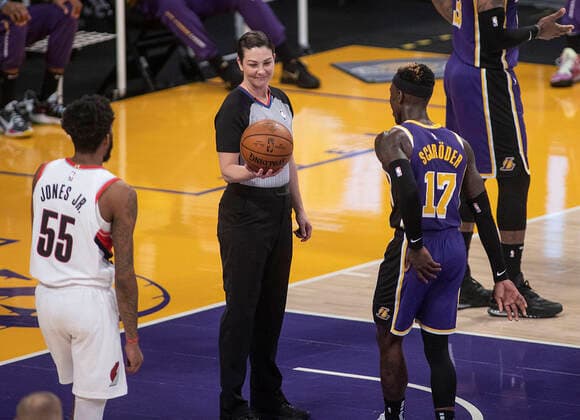 February 26, 2021, Los Angeles, California, USA: Referee Lauren Holtkamp-Sterling officiates the regular season NBA, Basketball Herren, USA game between the Los Angeles Lakers and the Portland Trailblazers on Friday February 26, 2021 at the Staples Center in Los Angeles, California. Lakers defeat Trailblazers, 102-93. PI Los Angeles USA - ZUMAp124 20210226_zaa_p124_046 Copyright: xJAVIERxROJASx