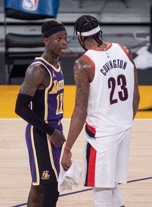 February 26, 2021, Los Angeles, California, USA: Dennis Schroder 17 of the Los Angeles Lakers chats with Robert Covington 23 of the Portland Trailblazers after their regular season NBA, Basketball Herren, USA game on Friday February 26, 2021 at the Staples Center in Los Angeles, California. Lakers defeat Trailblazers, 102-93. PI Los Angeles USA - ZUMAp124 20210226_zaa_p124_048 Copyright: xJAVIERxROJASx