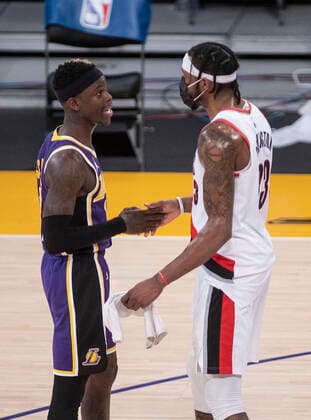 February 26, 2021, Los Angeles, California, USA: Dennis Schroder 17 of the Los Angeles Lakers chats with Robert Covington 23 of the Portland Trailblazers after their regular season NBA, Basketball Herren, USA game on Friday February 26, 2021 at the Staples Center in Los Angeles, California. Lakers defeat Trailblazers, 102-93. PI Los Angeles USA - ZUMAp124 20210226_zaa_p124_049 Copyright: xJAVIERxROJASx