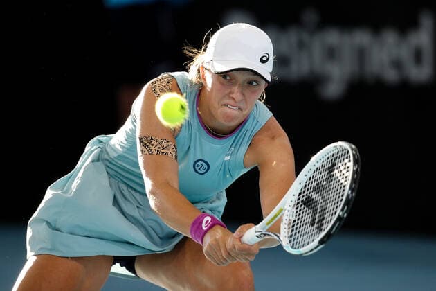 ADELAIDE, AUSTRALIA - FEBRUARY 27: Iga Swiatek of Poland and Belinda Bencic of Switzerland during their singles final match on day six of the Adelaide International tennis tournament at Memorial Drive on February 27, 2021 in Adelaide, Australia. (Photo by Peter Mundy Speed Media Icon Sportswire) TENNIS: FEB 27 - Adelaide International Icon210227119