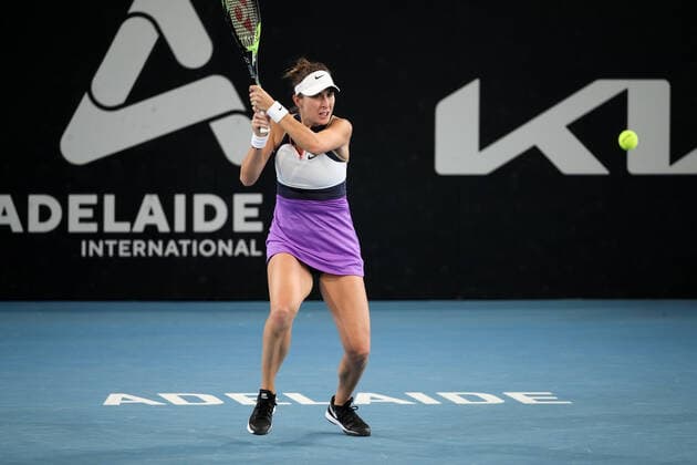 ADELAIDE, AUSTRALIA - FEBRUARY 27: Belinda Bencic of Switzerland plays a shot against Iga Swiatek of Poland during their singles final match on day six of the Adelaide International tennis tournament at Memorial Drive on February 27, 2021 in Adelaide, Australia. (Photo by Peter Mundy Speed Media Icon Sportswire) TENNIS: FEB 27 - Adelaide International Icon210227137