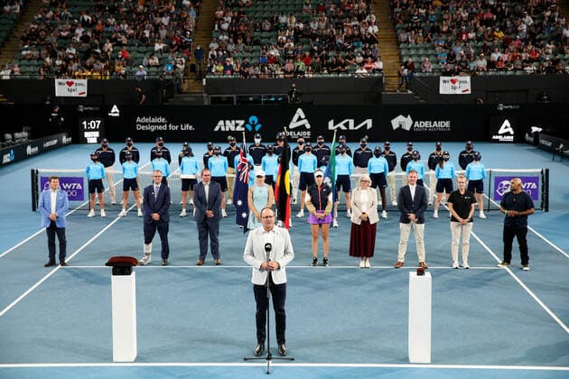 ADELAIDE, AUSTRALIA - FEBRUARY 27: Ceremony for the winner Iga Swiatek of Poland who won the match against Belinda Bencic of Switzerland during their singles final match on day six of the Adelaide International tennis tournament at Memorial Drive on February 27, 2021 in Adelaide, Australia. (Photo by Peter Mundy Speed Media Icon Sportswire) TENNIS: FEB 27 - Adelaide International Icon210227152