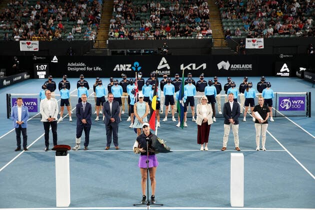 ADELAIDE, AUSTRALIA - FEBRUARY 27: Ceremony for the winner Iga Swiatek of Poland who won the match against Belinda Bencic of Switzerland during their singles final match on day six of the Adelaide International tennis tournament at Memorial Drive on February 27, 2021 in Adelaide, Australia. (Photo by Peter Mundy Speed Media Icon Sportswire) TENNIS: FEB 27 - Adelaide International Icon210227153