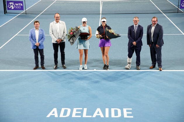 ADELAIDE, AUSTRALIA - FEBRUARY 27: Ceremony for the winner Iga Swiatek of Poland who won the match against Belinda Bencic of Switzerland during their singles final match on day six of the Adelaide International tennis tournament at Memorial Drive on February 27, 2021 in Adelaide, Australia. (Photo by Peter Mundy Speed Media Icon Sportswire) TENNIS: FEB 27 - Adelaide International Icon210227156