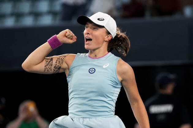ADELAIDE, AUSTRALIA - FEBRUARY 27: Iga Swiatek of Poland celebrates winning the game against Belinda Bencic of Switzerland during their singles final match on day six of the Adelaide International tennis tournament at Memorial Drive on February 27, 2021 in Adelaide, Australia. (Photo by Peter Mundy Speed Media Icon Sportswire) TENNIS: FEB 27 - Adelaide International Icon210227164