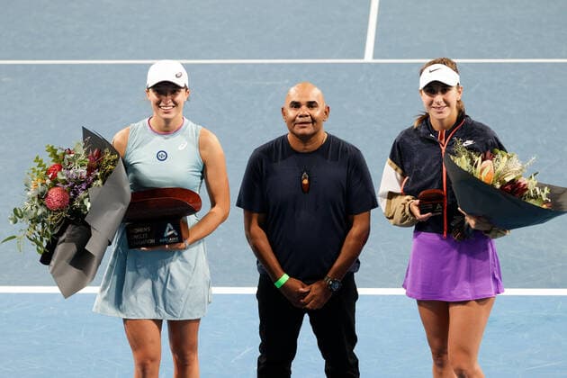 ADELAIDE, AUSTRALIA - FEBRUARY 27: Winner Iga Swiatek of Poland and runner up Belinda Bencic of Switzerland after their singles final match on day six of the Adelaide International tennis tournament at Memorial Drive on February 27, 2021 in Adelaide, Australia. (Photo by Peter Mundy Speed Media Icon Sportswire) TENNIS: FEB 27 - Adelaide International Icon210227176