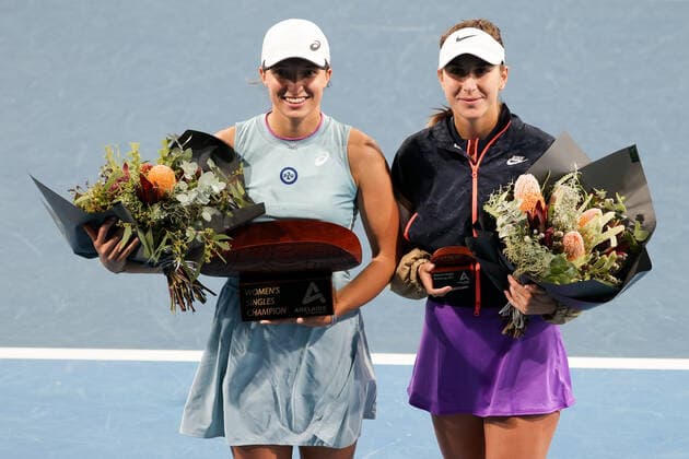 ADELAIDE, AUSTRALIA - FEBRUARY 27: Winner Iga Swiatek of Poland and runner up Belinda Bencic of Switzerland after their singles final match on day six of the Adelaide International tennis tournament at Memorial Drive on February 27, 2021 in Adelaide, Australia. (Photo by Peter Mundy Speed Media Icon Sportswire) TENNIS: FEB 27 - Adelaide International Icon210227177