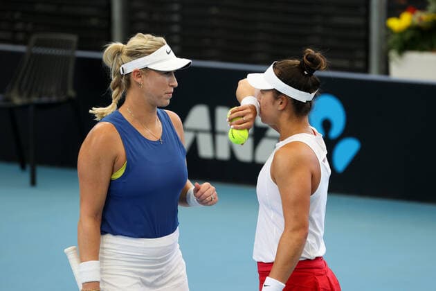 ADELAIDE, AUSTRALIA - FEBRUARY 27: Alexa Guarachi of Chile and Desirae Krawczyk of United States in their doubles final match with Hayley Carter of United States and Luisa Stefani of Brazil during their match with on day six of the Adelaide International tennis tournament at Memorial Drive on February 27, 2021 in Adelaide, Australia. (Photo by Peter Mundy Speed Media Icon Sportswire) TENNIS: FEB 27 - Adelaide International Icon210227004