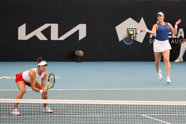 ADELAIDE, AUSTRALIA - FEBRUARY 27: Alexa Guarachi of Chile and Desirae Krawczyk of United States in their doubles final match with Hayley Carter of United States and Luisa Stefani of Brazil during their match with on day six of the Adelaide International tennis tournament at Memorial Drive on February 27, 2021 in Adelaide, Australia. (Photo by Peter Mundy Speed Media Icon Sportswire) TENNIS: FEB 27 - Adelaide International Icon210227011