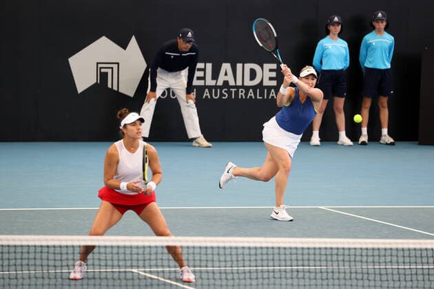 ADELAIDE, AUSTRALIA - FEBRUARY 27: Alexa Guarachi of Chile and Desirae Krawczyk of United States in their doubles final match with Hayley Carter of United States and Luisa Stefani of Brazil during their match with on day six of the Adelaide International tennis tournament at Memorial Drive on February 27, 2021 in Adelaide, Australia. (Photo by Peter Mundy Speed Media Icon Sportswire) TENNIS: FEB 27 - Adelaide International Icon210227014