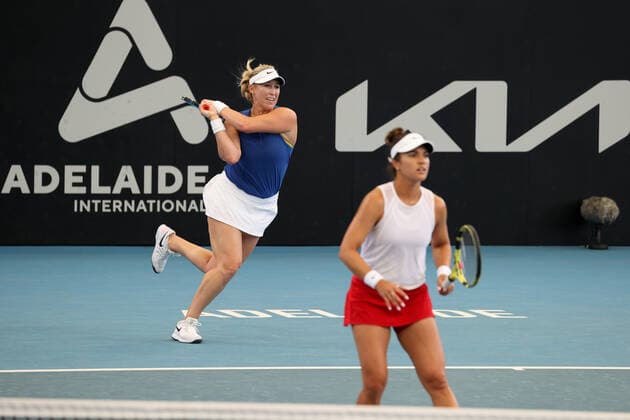 ADELAIDE, AUSTRALIA - FEBRUARY 27: Alexa Guarachi of Chile and Desirae Krawczyk of United States in their doubles final match with Hayley Carter of United States and Luisa Stefani of Brazil during their match with on day six of the Adelaide International tennis tournament at Memorial Drive on February 27, 2021 in Adelaide, Australia. (Photo by Peter Mundy Speed Media Icon Sportswire) TENNIS: FEB 27 - Adelaide International Icon210227025