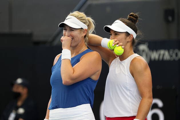 ADELAIDE, AUSTRALIA - FEBRUARY 27: Alexa Guarachi of Chile and Desirae Krawczyk of United States in their doubles final match with Hayley Carter of United States and Luisa Stefani of Brazil during their match with on day six of the Adelaide International tennis tournament at Memorial Drive on February 27, 2021 in Adelaide, Australia. (Photo by Peter Mundy Speed Media Icon Sportswire) TENNIS: FEB 27 - Adelaide International Icon210227038