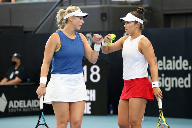 ADELAIDE, AUSTRALIA - FEBRUARY 27: Alexa Guarachi of Chile and Desirae Krawczyk of United States in their doubles final match with Hayley Carter of United States and Luisa Stefani of Brazil during their match with on day six of the Adelaide International tennis tournament at Memorial Drive on February 27, 2021 in Adelaide, Australia. (Photo by Peter Mundy Speed Media Icon Sportswire) TENNIS: FEB 27 - Adelaide International Icon210227040