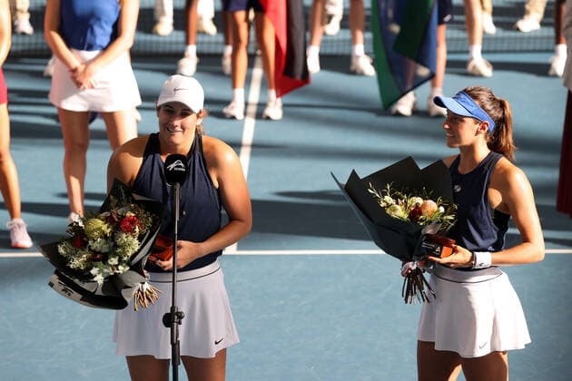 ADELAIDE, AUSTRALIA - FEBRUARY 27: Winners ceremony for Alexa Guarachi of Chile and Desirae Krawczyk of United States who won the match againstt Hayley Carter of United States and Luisa Stefani of Brazil in their doubles final match on day six of the Adelaide International tennis tournament at Memorial Drive on February 27, 2021 in Adelaide, Australia. (Photo by Peter Mundy Speed Media Icon Sportswire) TENNIS: FEB 27 - Adelaide International Icon210227065
