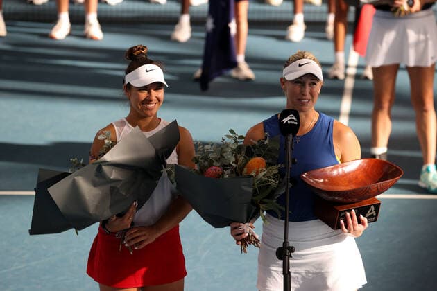 ADELAIDE, AUSTRALIA - FEBRUARY 27: Winners ceremony for Alexa Guarachi of Chile and Desirae Krawczyk of United States who won the match againstt Hayley Carter of United States and Luisa Stefani of Brazil in their doubles final match on day six of the Adelaide International tennis tournament at Memorial Drive on February 27, 2021 in Adelaide, Australia. (Photo by Peter Mundy Speed Media Icon Sportswire) TENNIS: FEB 27 - Adelaide International Icon210227070